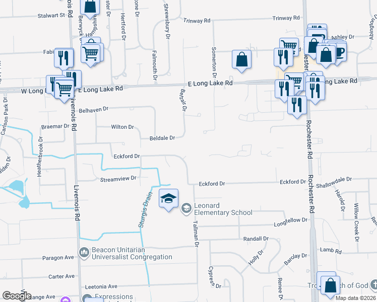 map of restaurants, bars, coffee shops, grocery stores, and more near 393 Eckford Circle in Troy