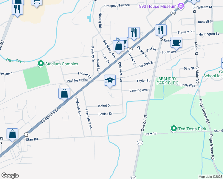 map of restaurants, bars, coffee shops, grocery stores, and more near 20 Raymond Avenue in Cortland