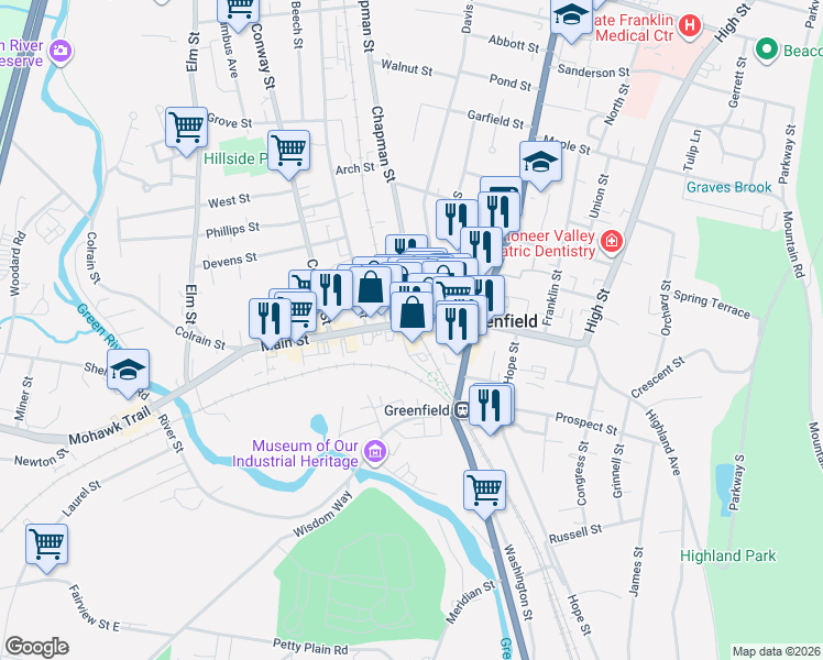 map of restaurants, bars, coffee shops, grocery stores, and more near 201 Main St in Greenfield