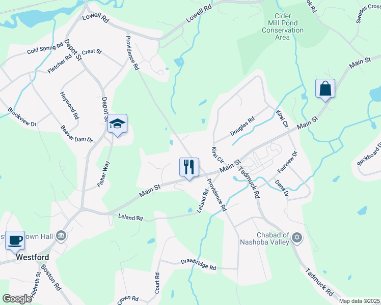map of restaurants, bars, coffee shops, grocery stores, and more near 44 Providence Road in Westford