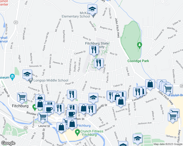 map of restaurants, bars, coffee shops, grocery stores, and more near 251 North Street in Fitchburg
