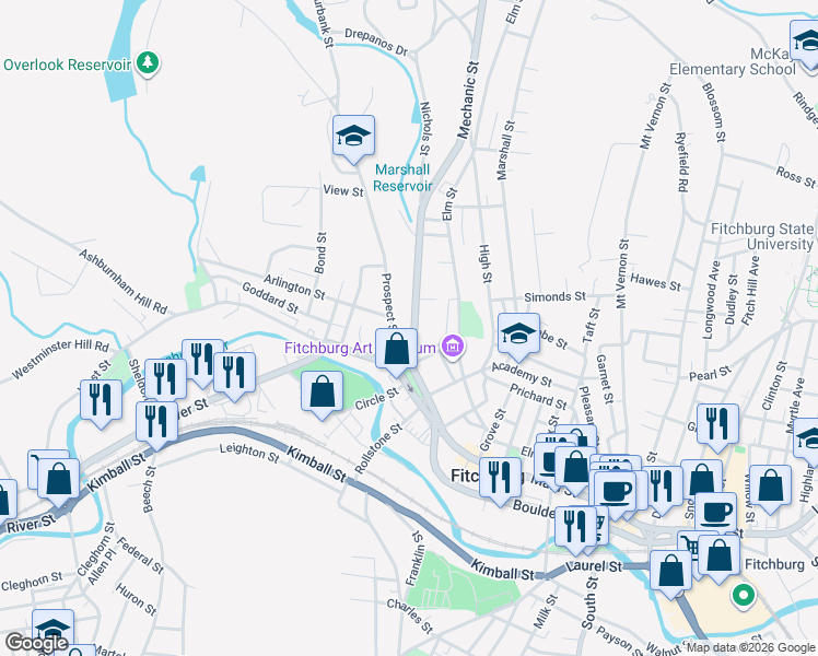 map of restaurants, bars, coffee shops, grocery stores, and more near 45 Mechanic Street in Fitchburg