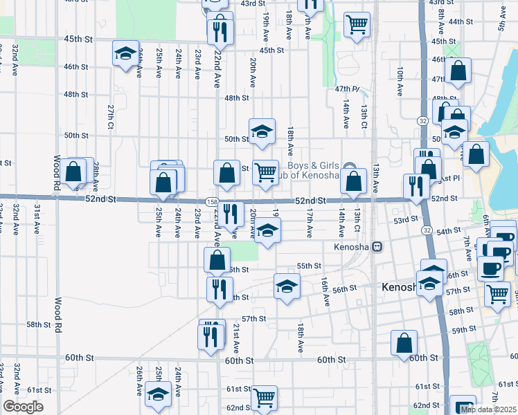 map of restaurants, bars, coffee shops, grocery stores, and more near 1912 52nd Street in Kenosha