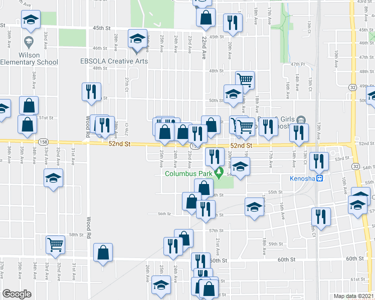 map of restaurants, bars, coffee shops, grocery stores, and more near 2302 Wisconsin 158 in Kenosha