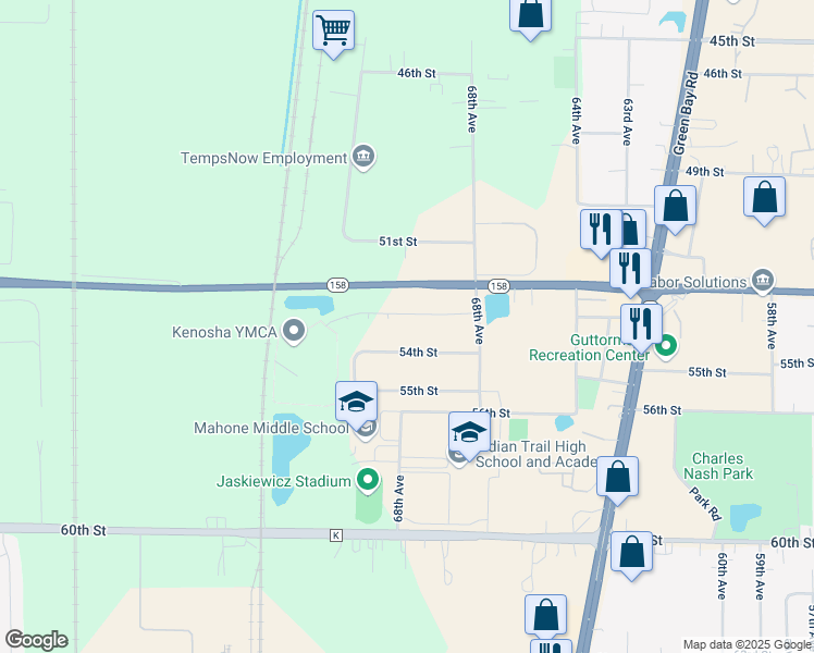 map of restaurants, bars, coffee shops, grocery stores, and more near 25 53rd Street in Kenosha