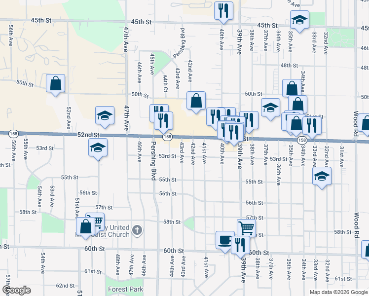 map of restaurants, bars, coffee shops, grocery stores, and more near 4311 52nd Street in Kenosha