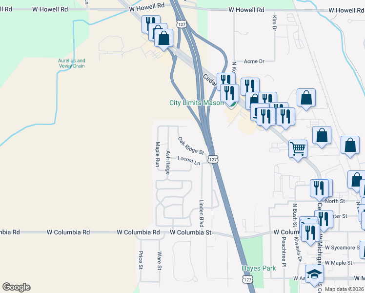 map of restaurants, bars, coffee shops, grocery stores, and more near 320 Oak Ridge Street in Mason