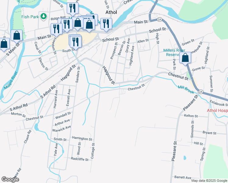 map of restaurants, bars, coffee shops, grocery stores, and more near 631 Chestnut Street in Athol