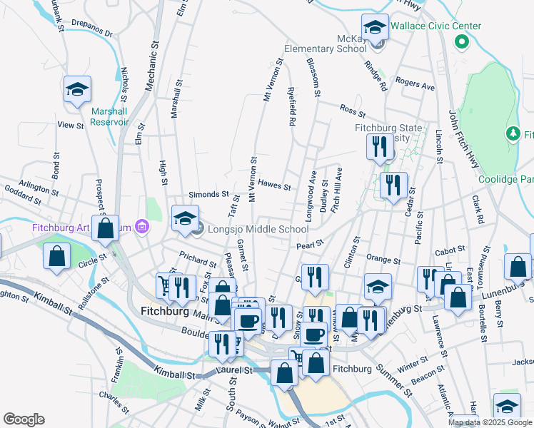 map of restaurants, bars, coffee shops, grocery stores, and more near 11 Weymouth Street in Fitchburg