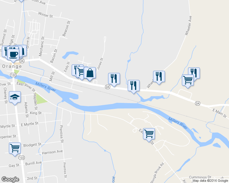 map of restaurants, bars, coffee shops, grocery stores, and more near 326 E Main St in Orange