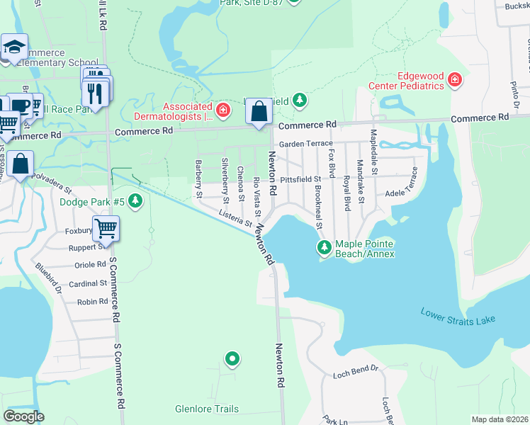 map of restaurants, bars, coffee shops, grocery stores, and more near 3267 Rio Vista Street in Commerce Charter Township