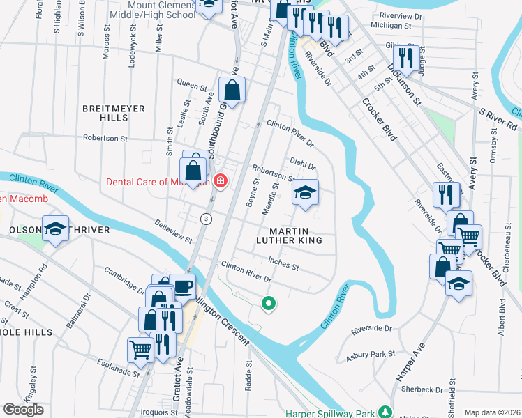 map of restaurants, bars, coffee shops, grocery stores, and more near 109 Beyne Street in Mount Clemens