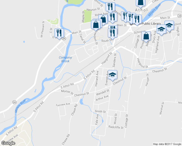 map of restaurants, bars, coffee shops, grocery stores, and more near 227 South Athol Road in Athol