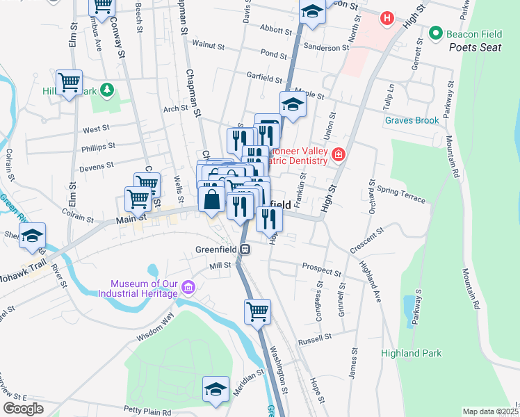 map of restaurants, bars, coffee shops, grocery stores, and more near 353 Main Street in Greenfield