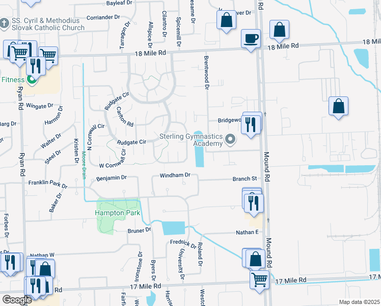 map of restaurants, bars, coffee shops, grocery stores, and more near 40010 North Tothill Circle in Sterling Heights