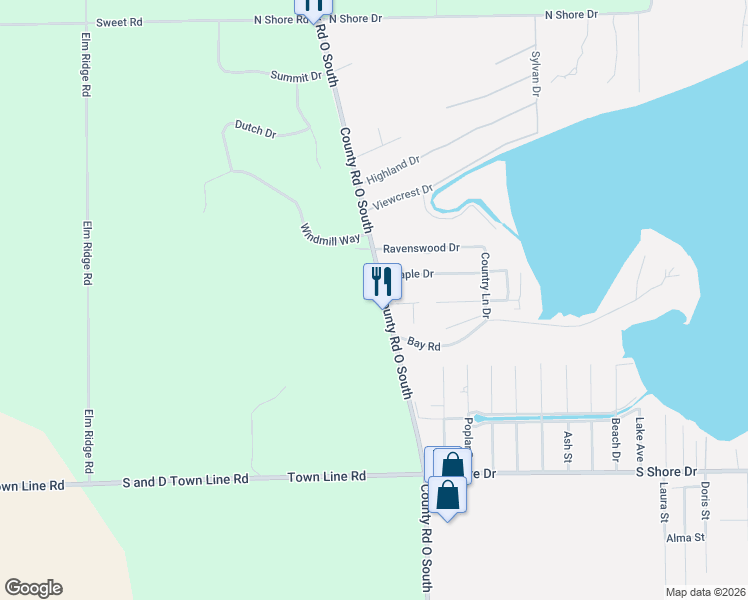 map of restaurants, bars, coffee shops, grocery stores, and more near 2665 County Road O South in Delavan