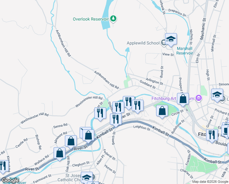 map of restaurants, bars, coffee shops, grocery stores, and more near 26 West Street in Fitchburg