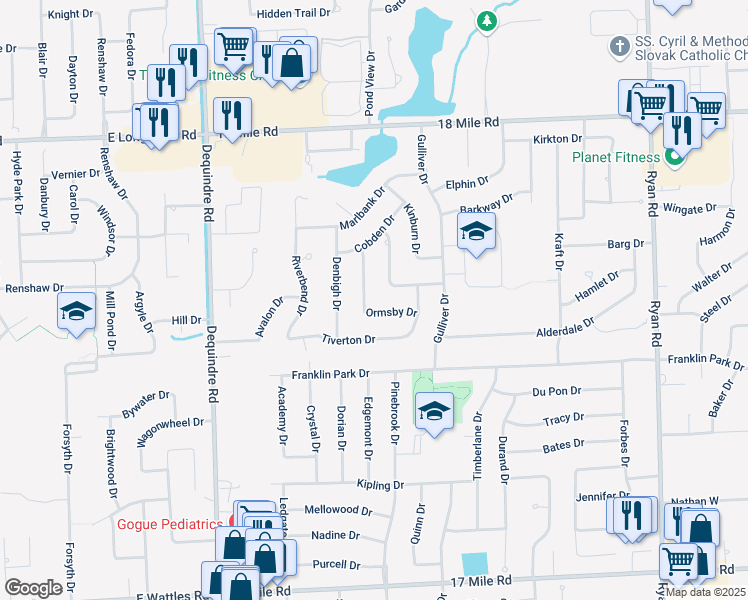 map of restaurants, bars, coffee shops, grocery stores, and more near 2622 Woodford Drive in Sterling Heights