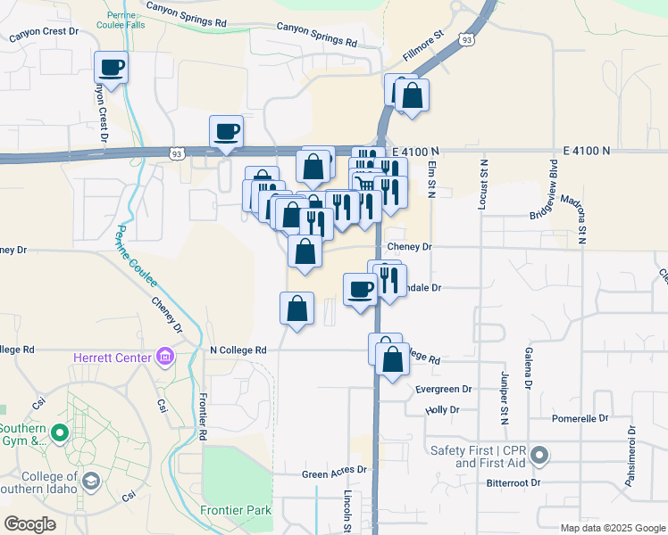 map of restaurants, bars, coffee shops, grocery stores, and more near 798-848 Cheney Dr in Twin Falls