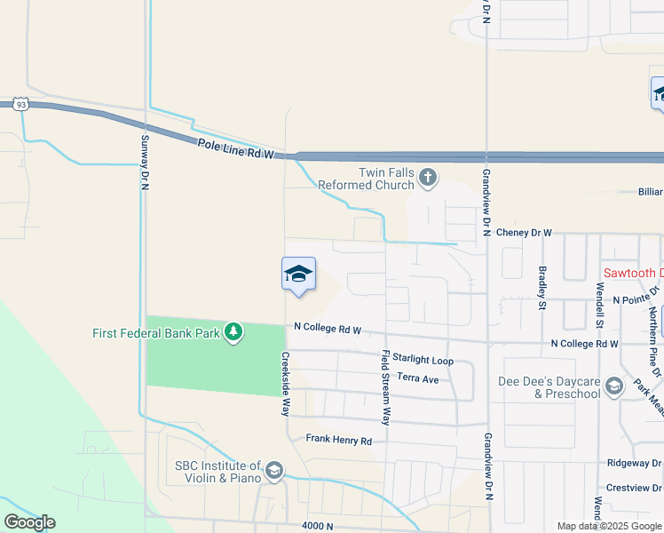 map of restaurants, bars, coffee shops, grocery stores, and more near 1215 Cheney Drive West in Twin Falls
