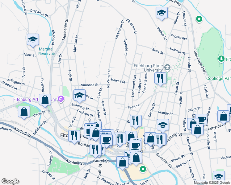 map of restaurants, bars, coffee shops, grocery stores, and more near 11 Weymouth Street in Fitchburg