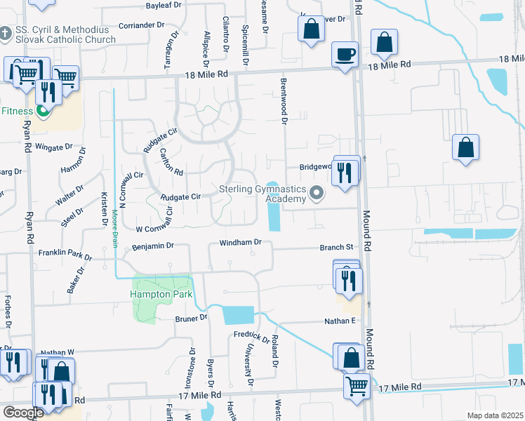 map of restaurants, bars, coffee shops, grocery stores, and more near 40010 North Tothill Circle in Sterling Heights