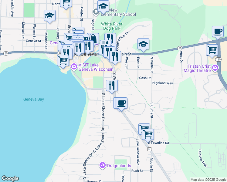 map of restaurants, bars, coffee shops, grocery stores, and more near 425 Baker Street in Lake Geneva