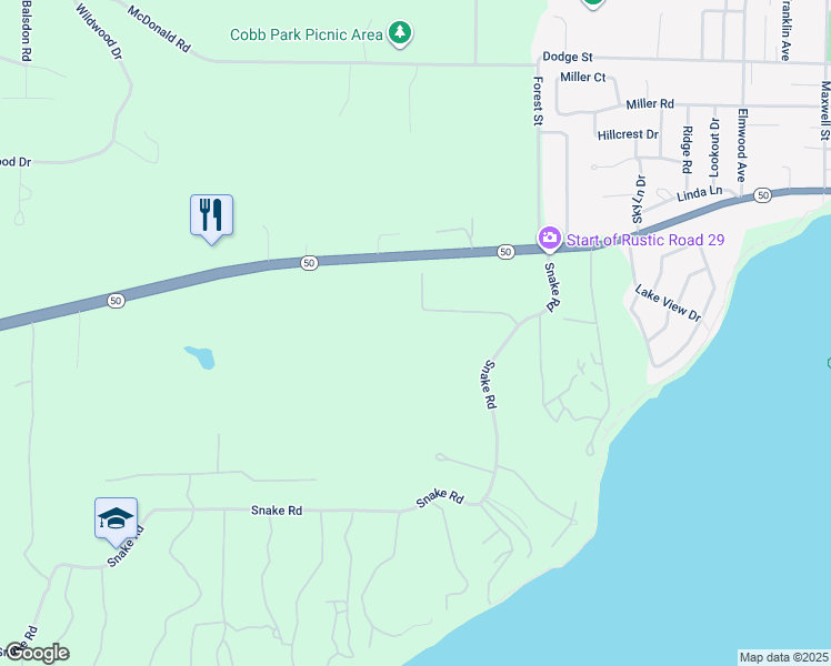 map of restaurants, bars, coffee shops, grocery stores, and more near W3110 Snake Road in Lake Geneva