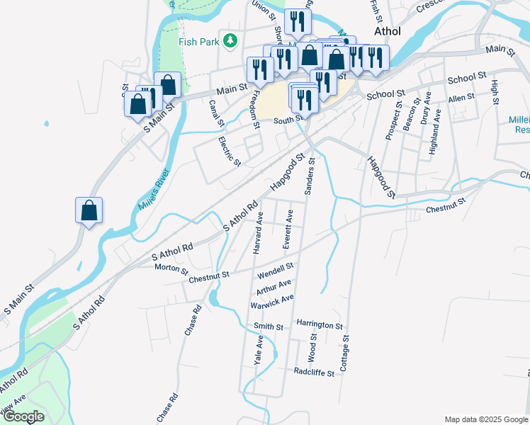 map of restaurants, bars, coffee shops, grocery stores, and more near 30 Harvard Avenue in Athol