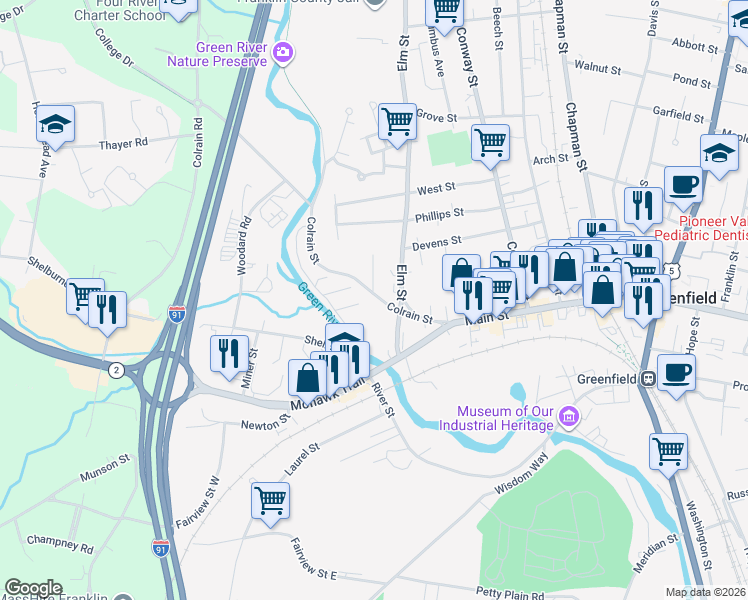 map of restaurants, bars, coffee shops, grocery stores, and more near 31 Colrain Street in Greenfield