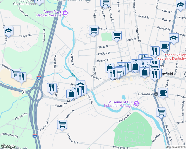 map of restaurants, bars, coffee shops, grocery stores, and more near 31 Colrain Street in Greenfield
