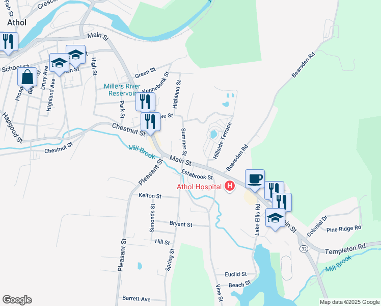 map of restaurants, bars, coffee shops, grocery stores, and more near 51 Summer Street in Athol