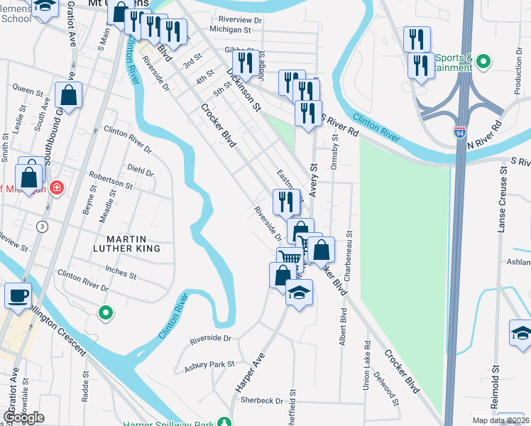 map of restaurants, bars, coffee shops, grocery stores, and more near 209 Riverside Drive in Mount Clemens