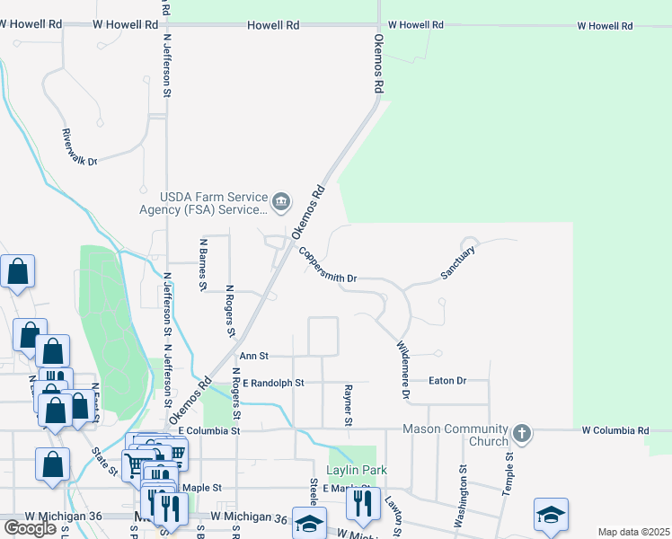 map of restaurants, bars, coffee shops, grocery stores, and more near 230 Coppersmith Dr in Mason