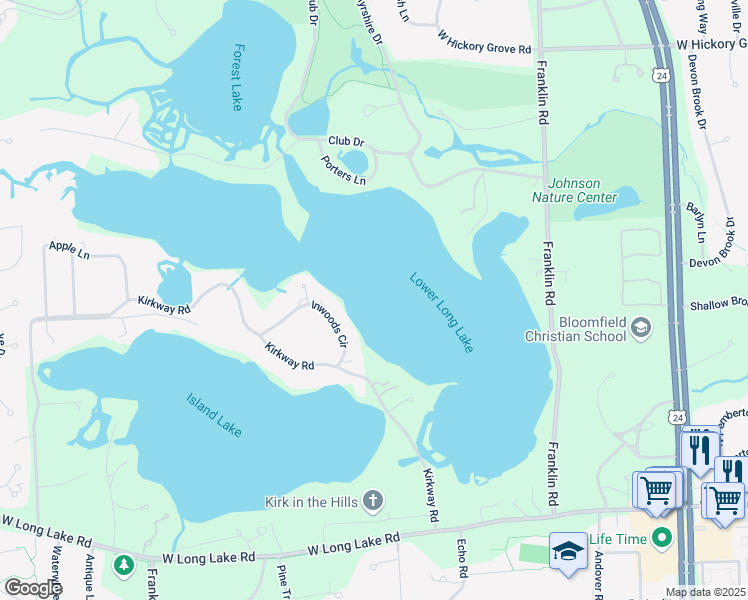 map of restaurants, bars, coffee shops, grocery stores, and more near 1430 Inwoods Circle in Bloomfield Hills