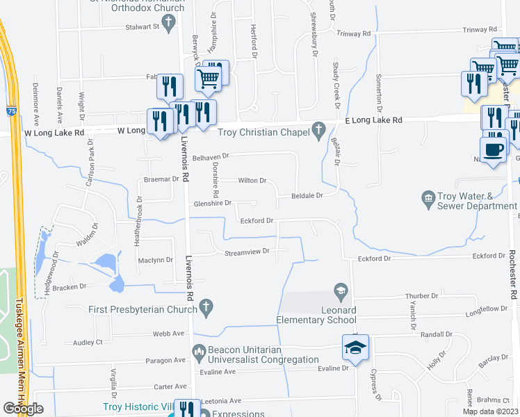 map of restaurants, bars, coffee shops, grocery stores, and more near 162 Glenshire Drive in Troy