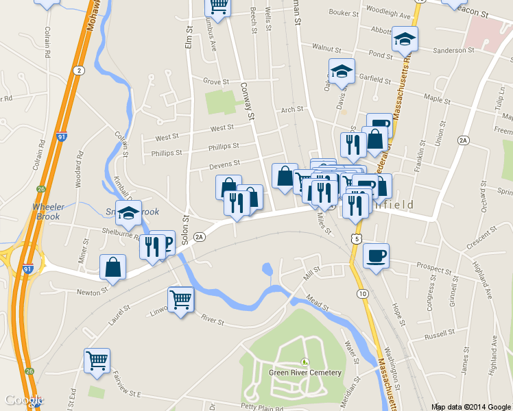 map of restaurants, bars, coffee shops, grocery stores, and more near 54 Main Street in Greenfield