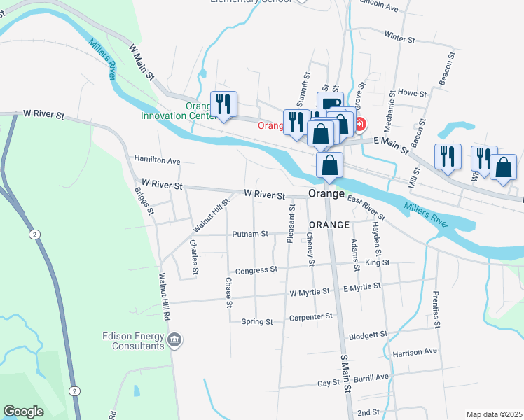 map of restaurants, bars, coffee shops, grocery stores, and more near 19 Fountain Street in Orange