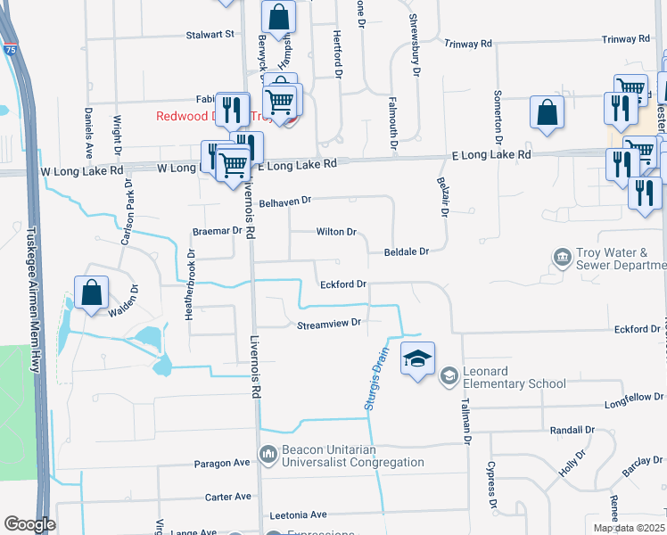 map of restaurants, bars, coffee shops, grocery stores, and more near 162 Glenshire Drive in Troy