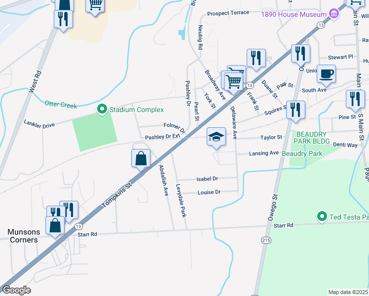 map of restaurants, bars, coffee shops, grocery stores, and more near 215 Tompkins Street in Cortland