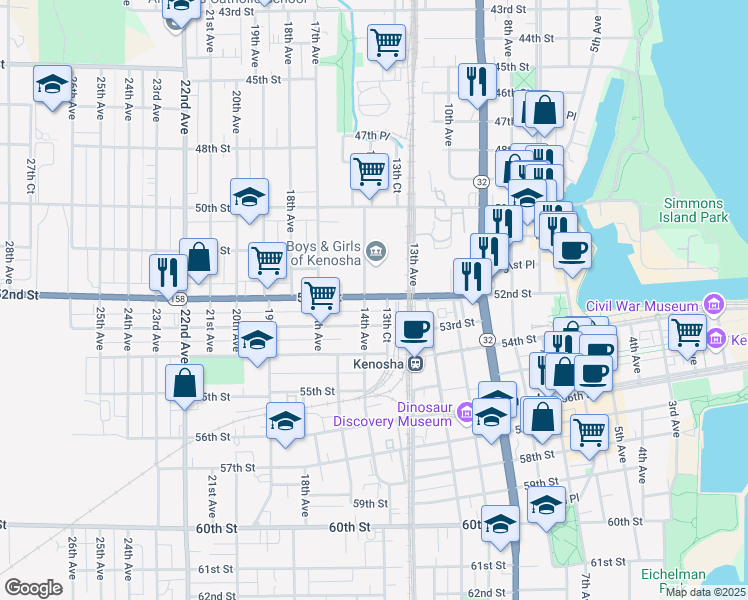 map of restaurants, bars, coffee shops, grocery stores, and more near in Kenosha