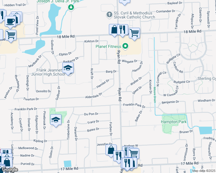 map of restaurants, bars, coffee shops, grocery stores, and more near 3708 Hamlet Drive in Sterling Heights