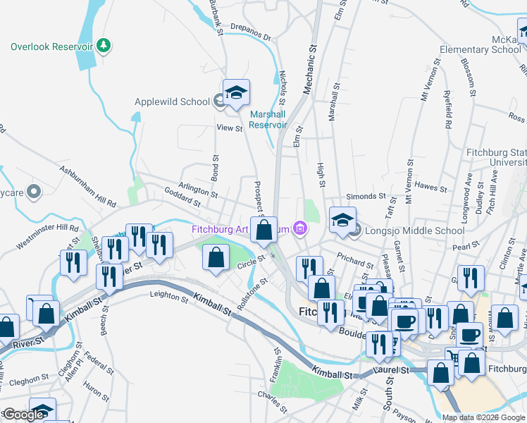 map of restaurants, bars, coffee shops, grocery stores, and more near 10 Arlington Street in Fitchburg