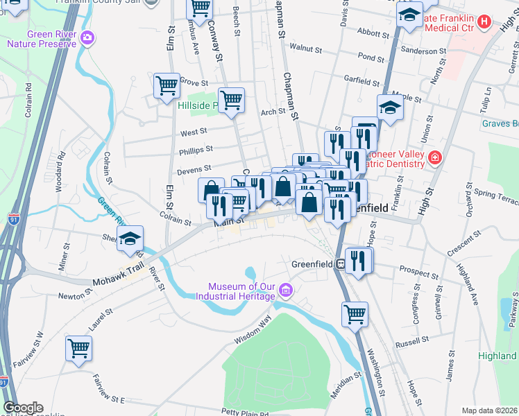 map of restaurants, bars, coffee shops, grocery stores, and more near 13 Conway Street in Greenfield