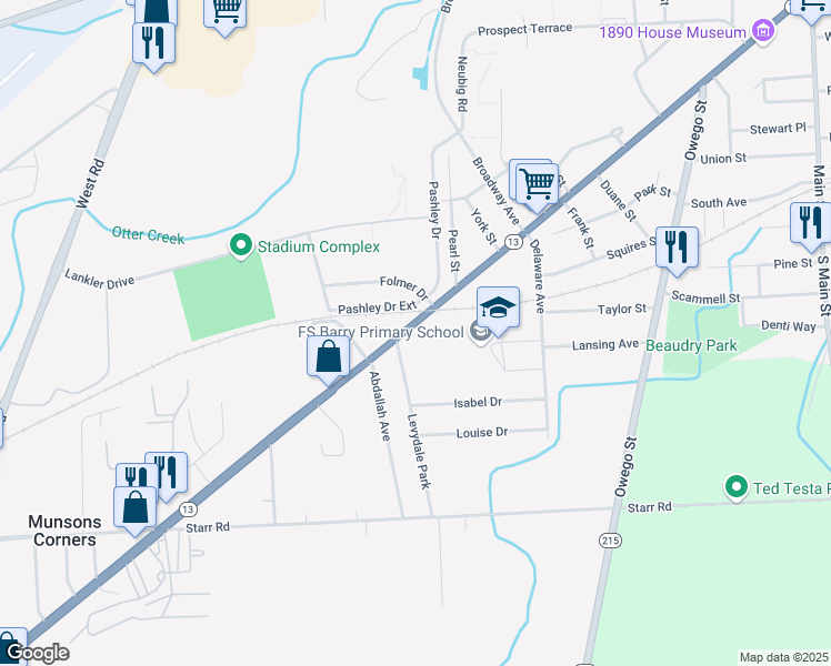 map of restaurants, bars, coffee shops, grocery stores, and more near 215 Tompkins Street in Cortland