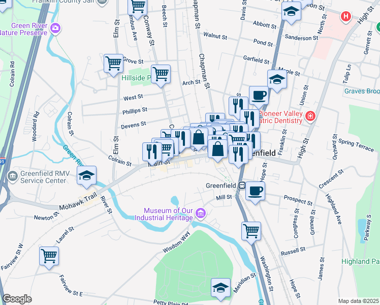 map of restaurants, bars, coffee shops, grocery stores, and more near 132 Main Street in Greenfield