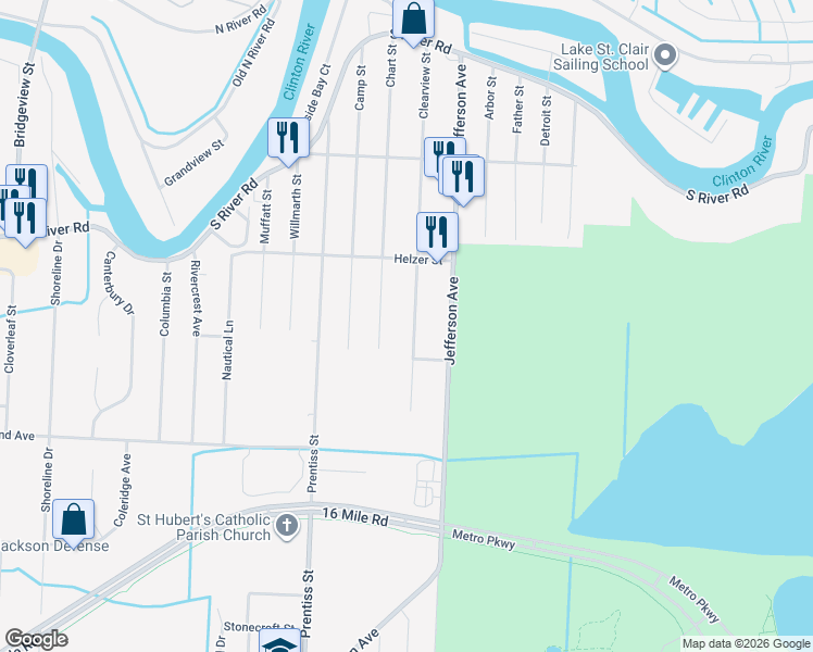 map of restaurants, bars, coffee shops, grocery stores, and more near 39159 Clearview Street in Harrison Township