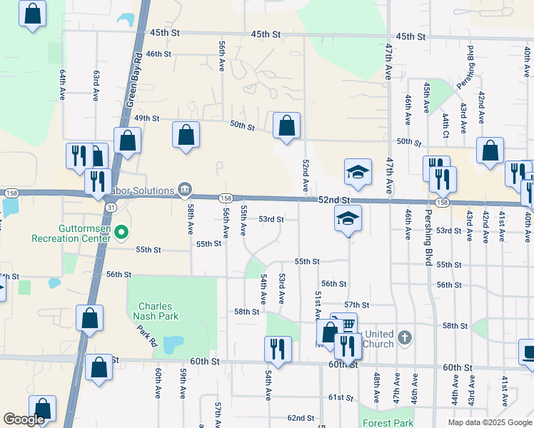 map of restaurants, bars, coffee shops, grocery stores, and more near 5320 53rd Street in Kenosha