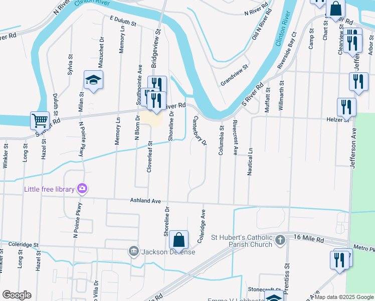 map of restaurants, bars, coffee shops, grocery stores, and more near 39255 Worthington Ct in Harrison Township