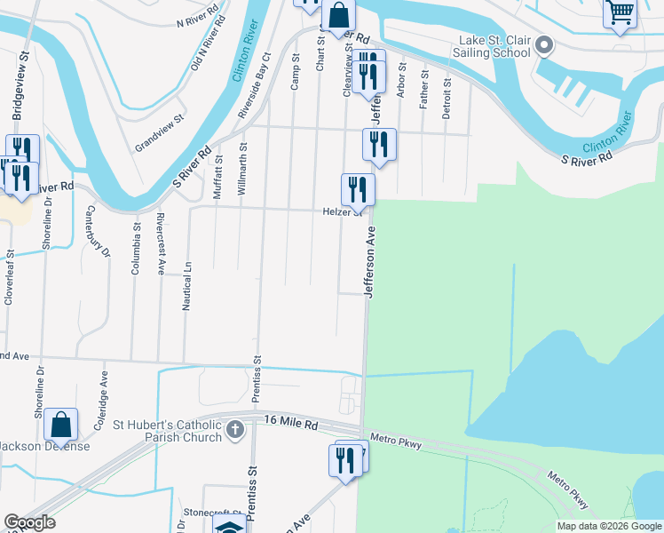 map of restaurants, bars, coffee shops, grocery stores, and more near 39159 Clearview Street in Macomb County
